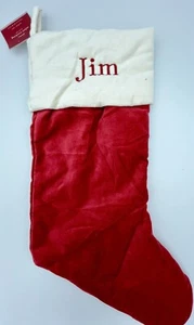 POTTERY BARN KLASSISCHER SAMT WEIHNACHTSSTRUMPF *JIM* ROT ELFENBEIN NEU MEDIUM NEU MIT ETIKETT - Bild 1 von 2
