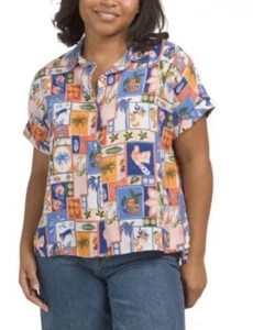 C&C California Womens Med Linen Marrakech Camp Shirt Short Sleeves Button Hi Low - Picture 1 of 8