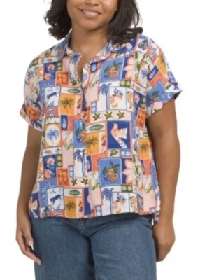 C&C California Womens Med Linen Marrakech Camp Shirt Short Sleeves Button Hi Low - Image 1 of 4