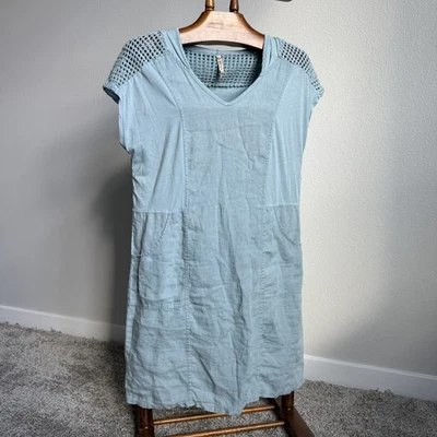 XCVI 100% Linen Hoodie Dress Women’s Size M Blue Crochet Cap Sleeve Pockets - Image 1 of 4