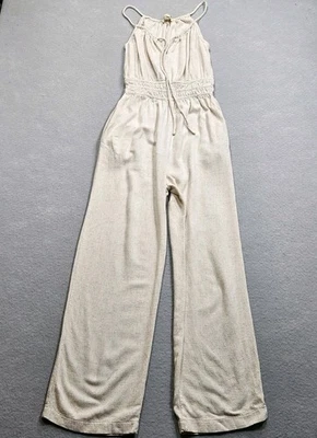 Mono mameluco mezcla de lino para mujer XS beige halter lazo cuello cintura elástica recortada Foto 1 de 4