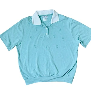 Vintage Coastal Polo Knit Shirt Collared Mint Green Palmtrees Preppy Blouse XS - Picture 1 of 6