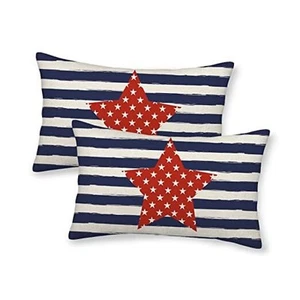 4th of July Pillow Covers 12x20 Inch 12" x 20" (Pack of 2) Blue Stripe Red Star - Picture 1 of 7