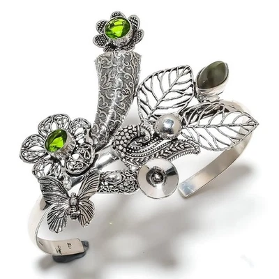 Natural Labradorite, Peridot Gemstone 925 Sterling Silver Cuff Bangle Adj. Z659 - Image 1 of 4