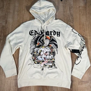 NEW Ed Hardy Skull Eagle Mens Large Ivory Graphic Fleece Hoodie Tattoo Tiger - Picture 1 of 8