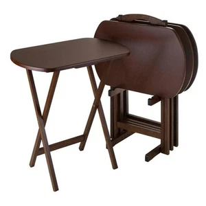 Corbett Oversize Portable TV Tray Walnut Snack Foldable Solid Wood Table 5-Piece - Picture 1 of 9