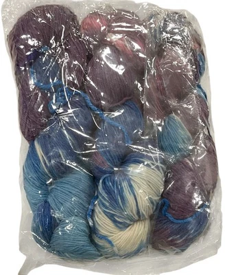 3-Merino Wool Yarn Hanks Purple Blue Light Blue Royal White Tye Dye 3.6 Oz Each - Image 1 of 2