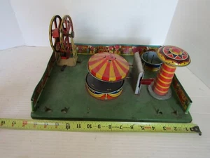 VINTAGE Tin Litho Windup CARNIVAL AMUSEMENT PARK TOY FERRIS WHEEL PARK SET PARTS - Picture 1 of 12