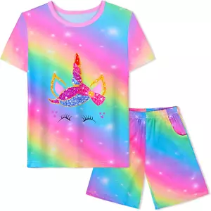 Girls Pajamas Tie Dye Mermaid Unicorn Summer Pjs Short Sleeve 2 Piece Sleepwear - Picture 1 of 12