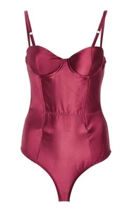 FLEUR DU MAL Raspberry Red Mesh-Paneled Silk Satin Bustier Bodysuit Sz XS $350 - Picture 1 of 10