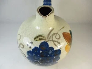 Vintage Handpainted Grapes Leaves Glazed Clay Olive Oil Jug Decanter Short Round - Picture 1 of 9