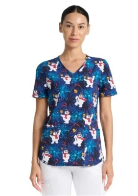 Scrubstar FROSTY NEW♈Woman's Printed scrub Top size S~Snowman/blue/red - Image 1 of 4