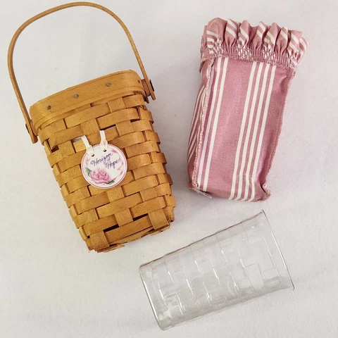 Longabrger 1998 Horizon of Hope Basket+Pink Stripe Fabric Liner+Protector Cover