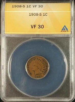 1908-S Indian Head Cent ANACS VF30 5347605 Exquisite Coin Rare - Image 1 of 4