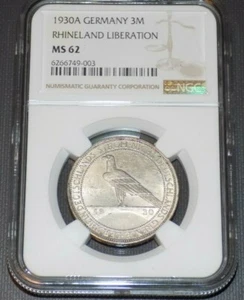 NGC GERMANY WEIMAR RHINELAND LIBERATION 1930A 3M 3 MARK REICHSMARK MS62 UNC COIN - Picture 1 of 4