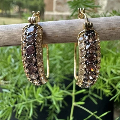 Hoop Earrings 1" Brown Clear Gems Sparkle Yellow Gold Plated 925 Sterling 8.2g - Image 1 of 4