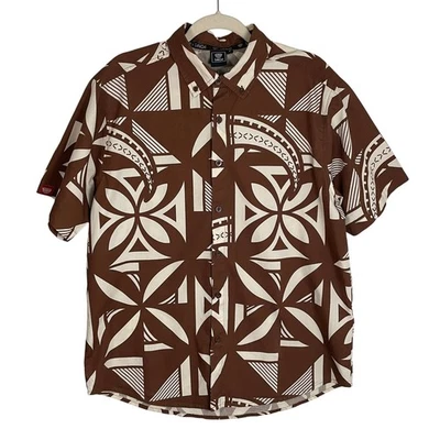 Tanoa Hawaii Mens Brown Cream Floral Geometric Button Up Shirt Large - Image 1 of 4