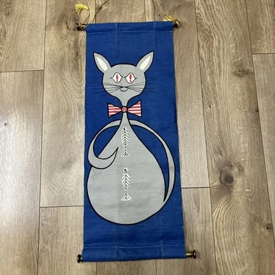 Vintage Cat Fish MCM Wall Hanging Tapestry Cat Fabric Towel Cute Blue - Image 1 of 4