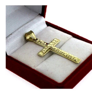 Mens Real 10K Yellow Gold Cross Pendant Diamond Cut Gold Crucifix Charm Nugget - Picture 1 of 4