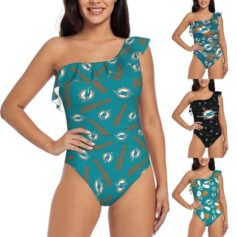 Miami Dolphins  One Shoulder Ruffle Swimsuits Sexy Women's Bikini Swimsuit Cover