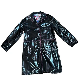 Black Vinyl PVC Coat Shiny Raincoat Pink Trim Women Medium - Picture 1 of 5