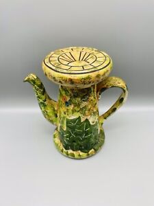 Vintage tea/coffee pot Tony Carter, unusual ivy leaf flowers eye? mottled glaze