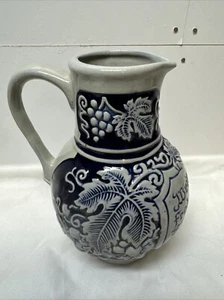 Gerz Grey Stoneware With Cobalt Blue Design Wine Pitcher 5.5” #3872 - Picture 1 of 8