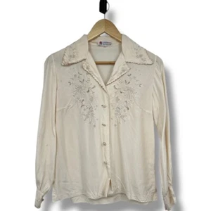 Vintage Hand Embroidered Blouse Womens Small (34)Pure Silk Tan Collared Delicate - Bild 1 von 11