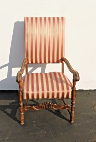 Antique Red & White Striped Silk Accent Arm Chair Floral Design Carved Wood Cover