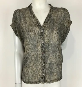 Topshop Blouse Beige Size 8 Leopard Print Short Sleeve Sheer Chiffon Button Fron - Picture 1 of 13