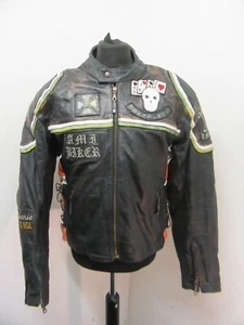 VINTAGE 80's LEATHER MOTORCYCLE JACKET SIZE XXL RARE POKER RUN, AMI LONDON - Picture 1 of 23