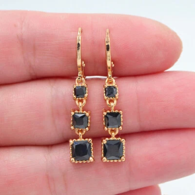18K Yellow Gold Filled Women Lake Blue Topaz Square Blocks Dangle Earrings - Image 1 of 4