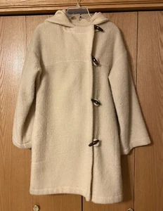 Vintage 100% Wool Uruguay Coat Cream Ivory Hooded Toggle Buttons - Picture 1 of 5