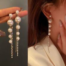 925 Sliver Fashion Pearl Long Tassel Crystal Earrings Dangle Women Jewelry Gift
