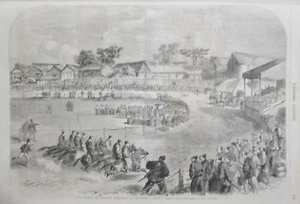 JAPAN YOKOHAMA INDIGENOUS HORSE RACE ENGRAVING THE ILLUSTRIOUS UNIVERSE 1866 - Picture 1 of 2