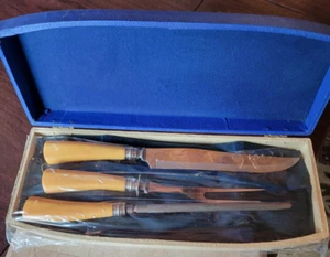 Butterscotch Bakelite Washington Forge Vintage Acciaio Inox Set di Posate Intaglio 3 Pezzi - Foto 1 di 4