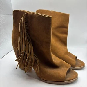 DV Dolce Vita Sz 8.5 Brown Ankle Booties Fringe Peep Toe Womens - Picture 1 of 6