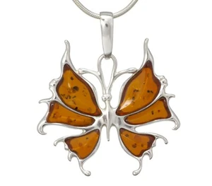 NATURAL BALTIC AMBER STERLING SILVER 925 PENDANT Butterfly NECKLACE Certified - Picture 1 of 7