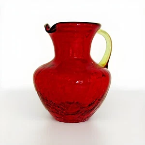 Vintage Ruby Red Crackle Glass with Amber Handle 3.75” Creamer - Picture 1 of 10