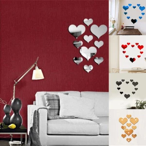 Stick-On Dining Mirror Art Wall Sticker Bedroom Decors Love Heart Shaped - Picture 1 of 17