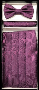 Brand New Paisley Purple Eggplant Cummerbund & Bowtie & Pocket Square Hanky Set - Picture 1 of 1