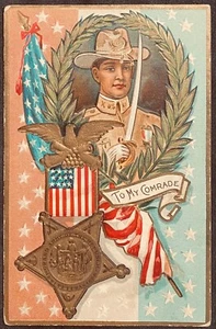 Decoration Day Patriotic Postcard Civil War Soldier & G.A.R. Medal USA Flag - Picture 1 of 2