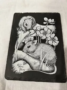 Vintage Slate Wall Tile With 2 Field Mice By Tyra Young 6" X 8" White On Black - Picture 1 of 3