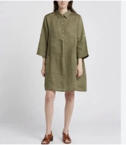 Elena Baldi Dress 100% Linen Tunic Green Khaki Roll Tab sleeve Made In Italy M - Picture 1 of 12