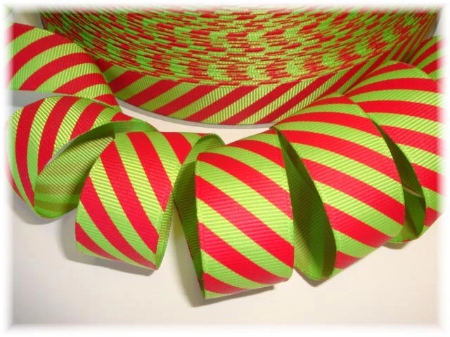 7/8 CHRISTMAS RED LIME DIAGONAL STRIPE GROSGRAIN RIBBON 4 HAIRBOW BOW - Image 1 of 1