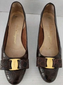 Ferragamo Womens Loafers Size 5.5D Brown Faux Croc Bow Logo Embossed - Picture 1 of 8