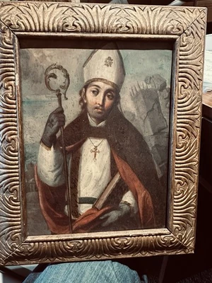 Pintura a óleo antiga Retablo Cardinal Saint Spanish Colonial. Mexicano do século XVIII - Imagem 1 de 2