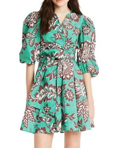 CLAUDIE PIERLOT Raymondeter Floral Mini Dress In Divers Sz 36/US 4 Belted Green - Picture 1 of 14