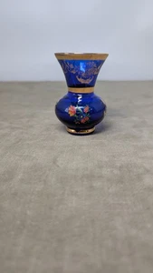 Vtg Venetian Murano Cobalt Blue Small Glass Vase Applied Flowers & Gold Italy - Picture 1 of 10