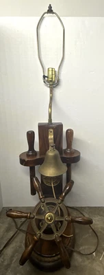 Vintage Maritime  Nautical Lamp Ship Boat Solid Wood Brass Compass Bell Wheel - Image 1 of 4